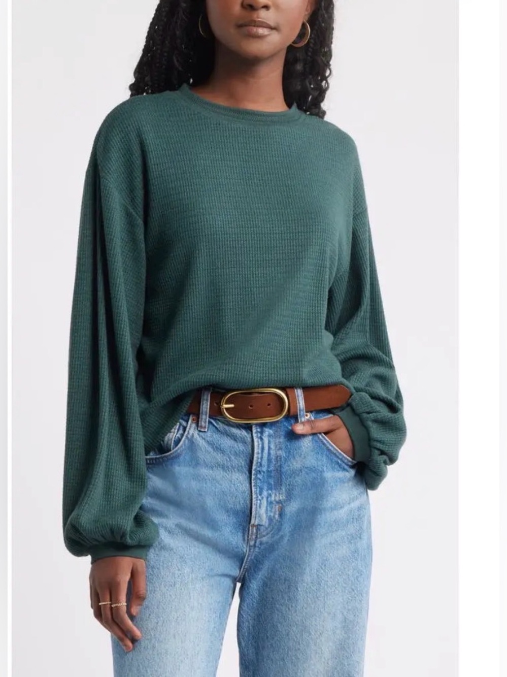 NWOT- TREASURE & BOND Blouson Sleeve Waffle Knit Top, Green, size Large